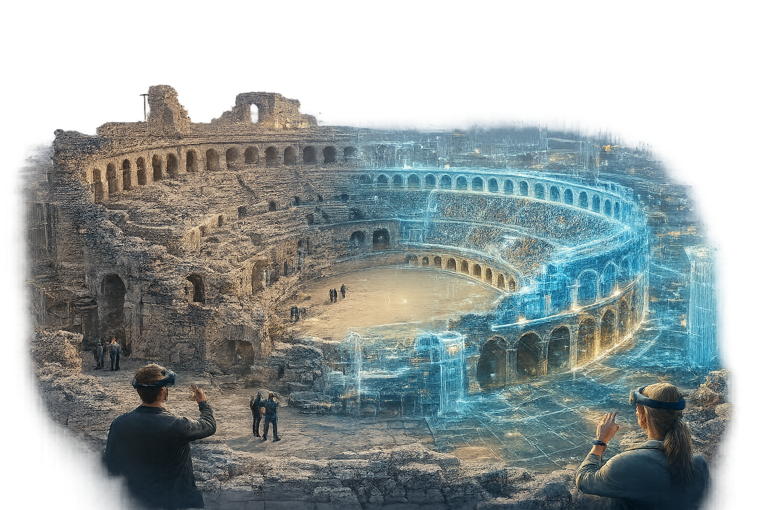 Ancient amphitheater rendered half in stone, half in digital wireframe — symbolizing We Rise Up's Mixed Reality approach to heritage.